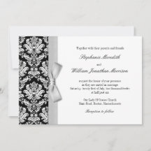 Damask With Grey Silver Bow Wedding Invitation
