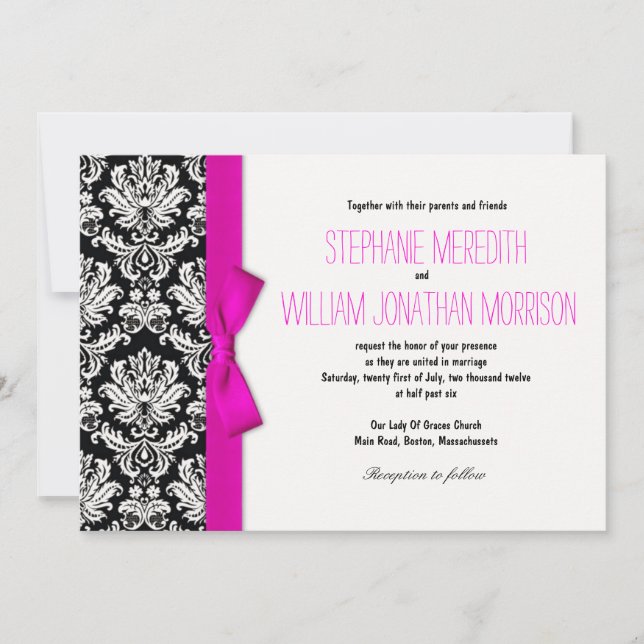 Damask With Hot Pink Bow Wedding Invitation (Front)
