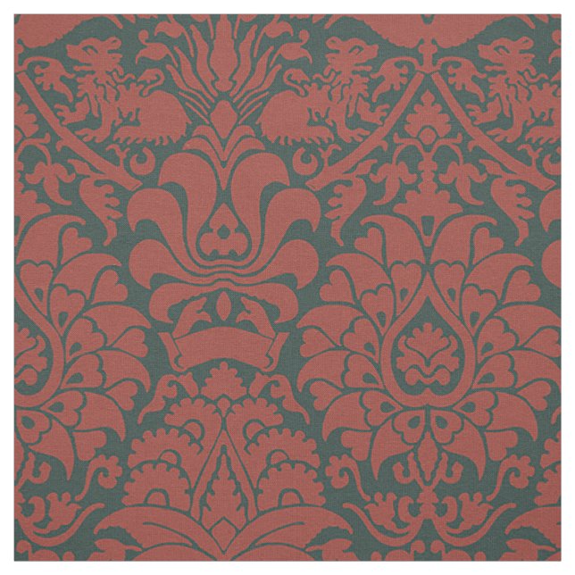 Damask with Lions, Dark Red on Black Fabric (Swatch)