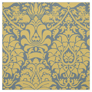 Damask with Lions, Mustard on Navy Blue Fabric