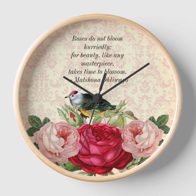 Damask with Pink Red Roses Wall Clock (Front)