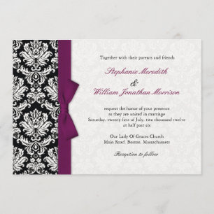Damask With Plum Bow Wedding Invitation