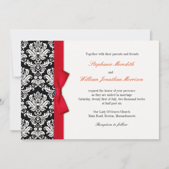Damask With Red Bow Wedding Invitation (Front)