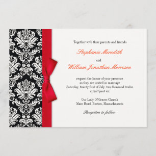 Damask With Red Bow Wedding Invitation