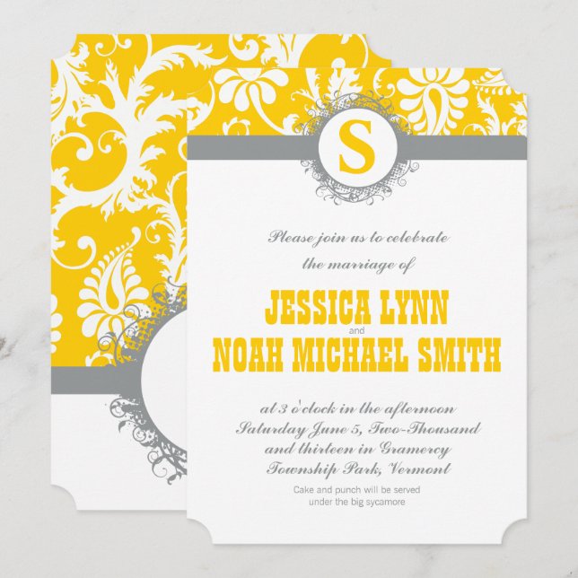 Damask Yellow Gray Monogram Wedding Invite (Front/Back)