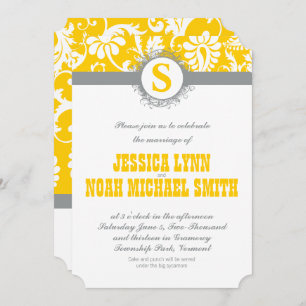 Damask Yellow Gray Monogram Wedding Invite