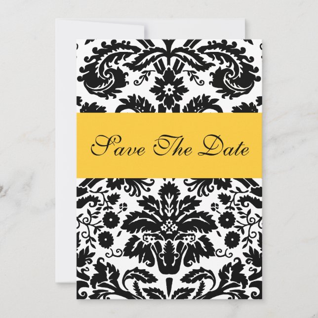 Damask Yellow Save The Date Wedding Announcement (Front)