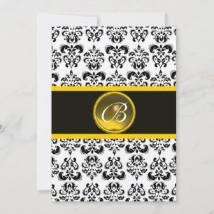 DAMASK YELLOW TOPAZ MONOGRAM,black and white Invitation