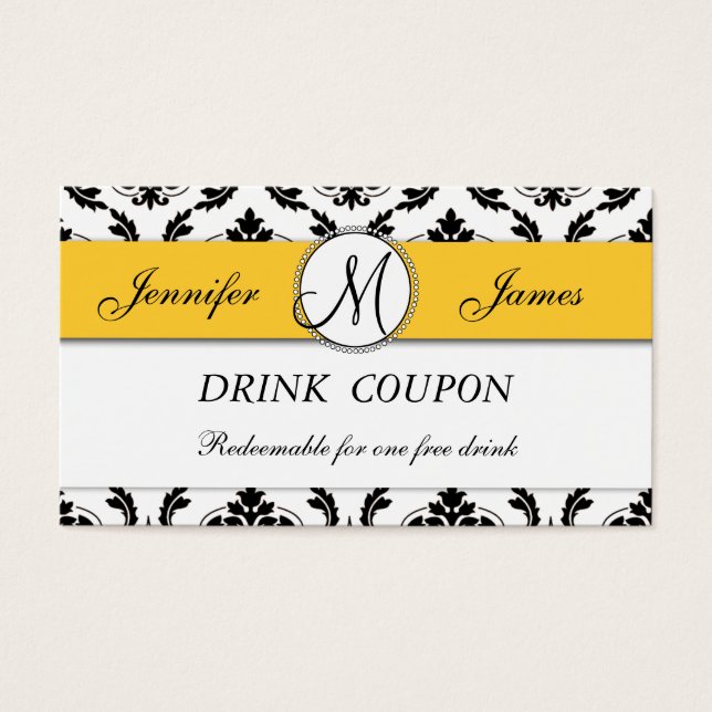 Damask Yellow Wedding Free Drink Coupon Card (Front)