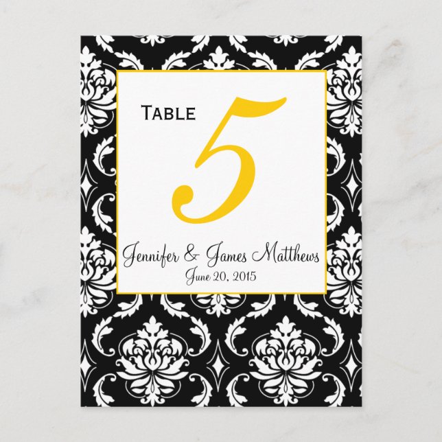 Damask Yellow Wedding Table Number Card (Front)