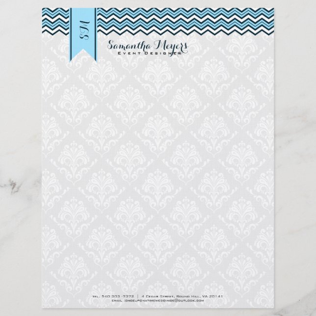 Damasks And Chevron Blue And White Personalized Letterhead (Front)