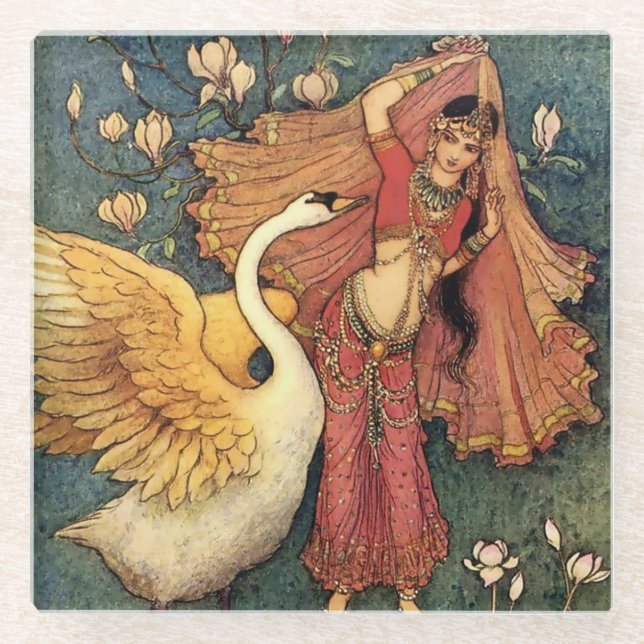“Damayanti and the Swan” by Warwick Goble Glass Coaster (Front)