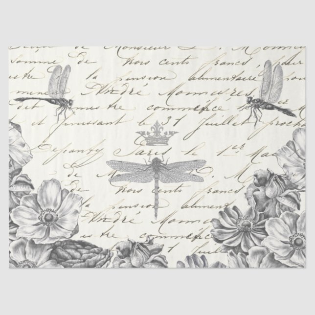 Damselflies in waiting floral 1800s French Script  Tissue Paper (Front)