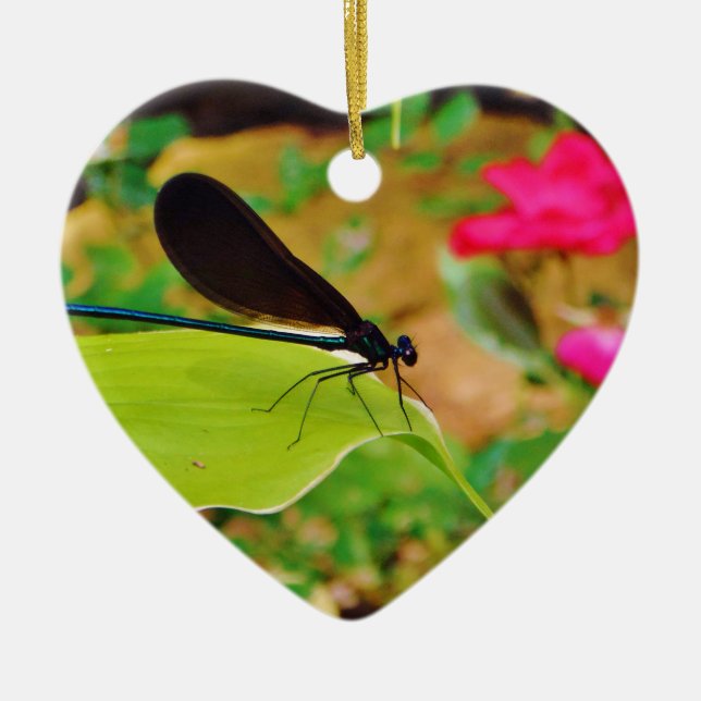 Damselfly and Rose Ceramic Tree Decoration (Front)