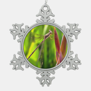 Damselfly Balanced On A Flower Head Snowflake Pewter Christmas Ornament