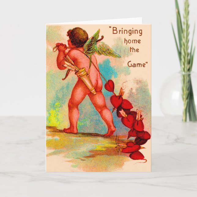 Dan Cupid Bringing Home the Game Valentine Holiday Card (Front)