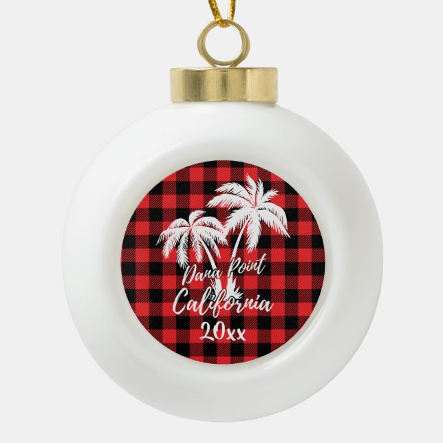 Dana Point California Beach Palm Tree Red Plaid Ceramic Ball Christmas Ornament (Front)