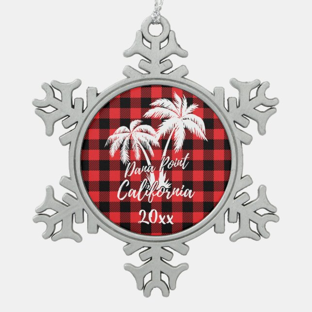 Dana Point California Beach Palm Tree Red Plaid Snowflake Pewter Christmas Ornament (Front)