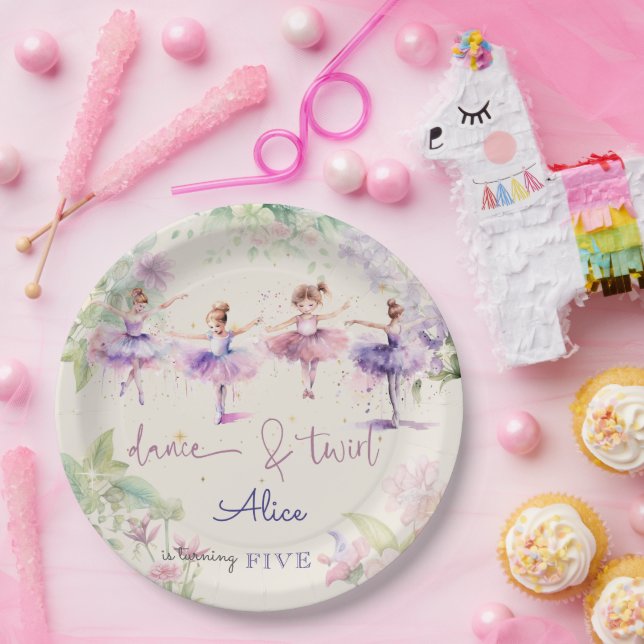 Dance and twirl ballerina watercolor birthday paper plate (Party)