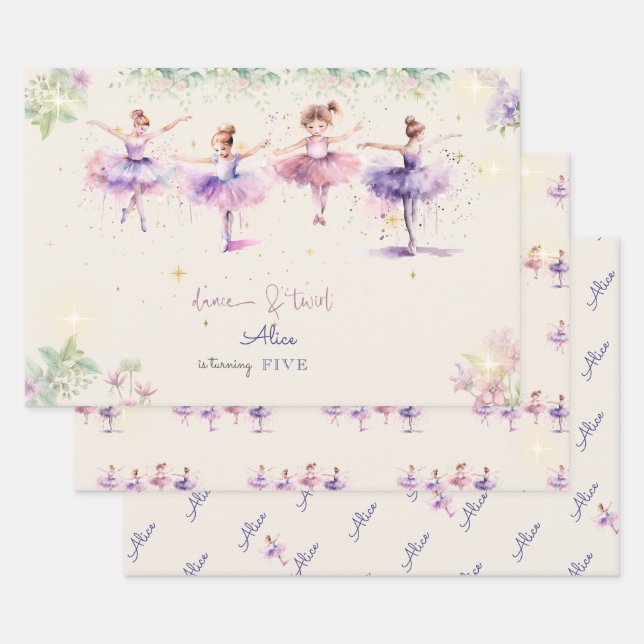 Dance and twirl ballerina watercolor birthday wrapping paper sheet (Set)