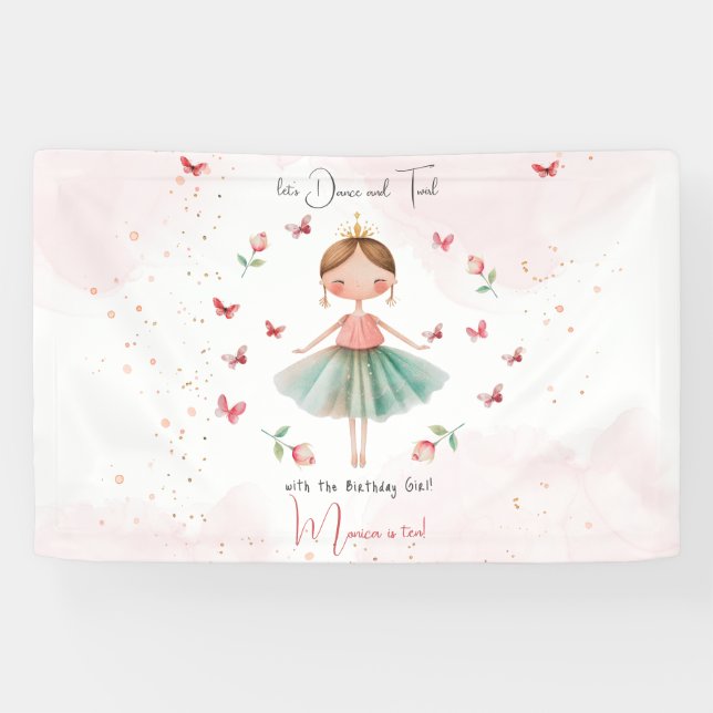 Dance and twirl cute ballerina ballet kid birthday banner (Horizontal)
