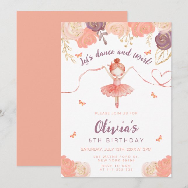 Dance and Twirl Floral Ballerina Girl Birthday Invitation (Front/Back)