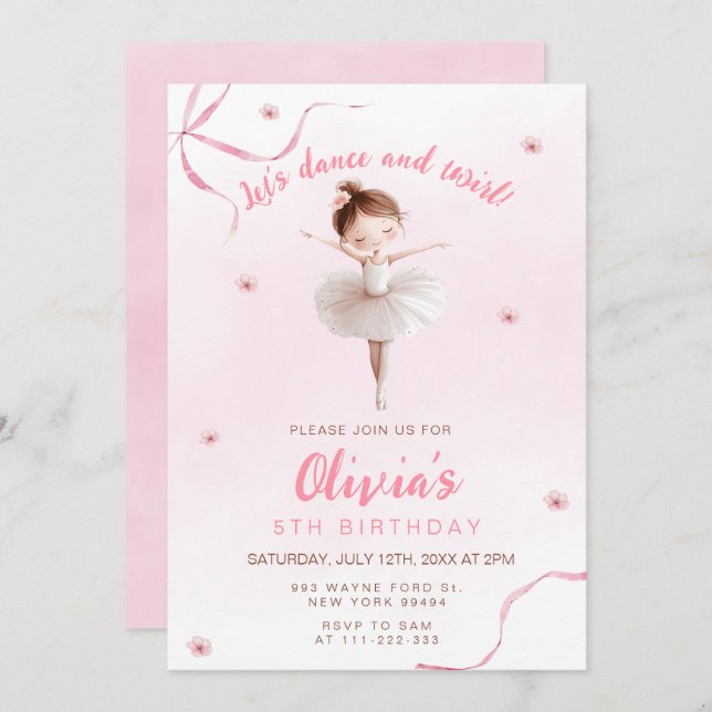 Dance and Twirl Little Ballerina Girl Birthday Invitation (Front/Back)