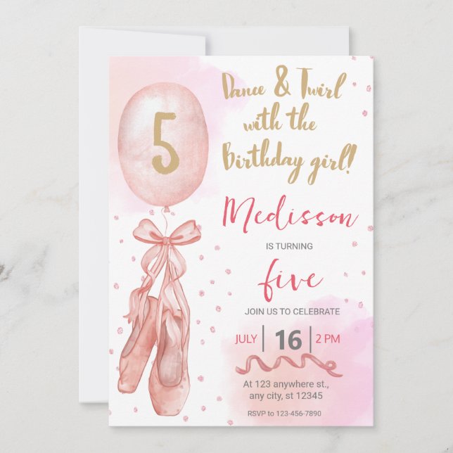 Dance and Twirl Pink girl Ballet Shoes Birthday Invitation (Front)