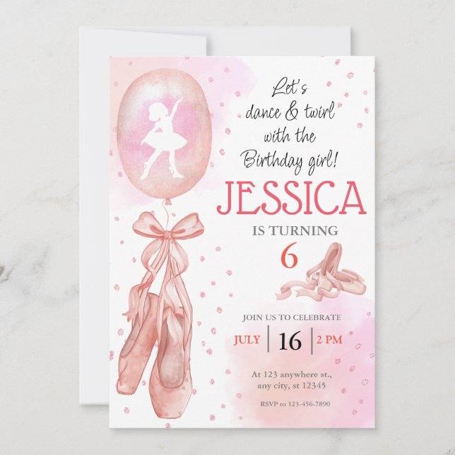 Dance and Twirl Pink girl Ballet Shoes Birthday Invitation (Front)