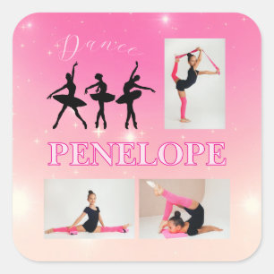Dance Ballet Pink Gradient 3 Photo Personalised Square Sticker