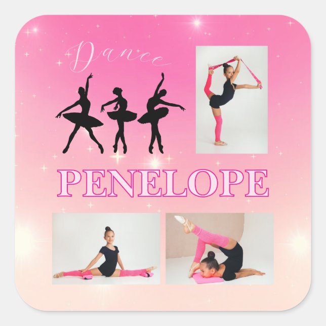 Dance Ballet Pink Gradient 3 Photo Personalised Square Sticker (Front)