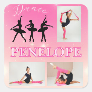 Dance Ballet Pink Gradient 3 Photo Personalised Square Sticker