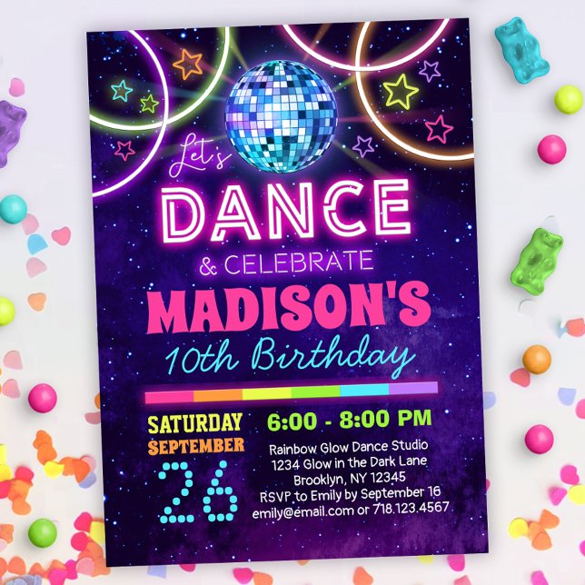 Dance Birthday Girls Neon Disco Dance Party Invitation (Creator Uploaded)