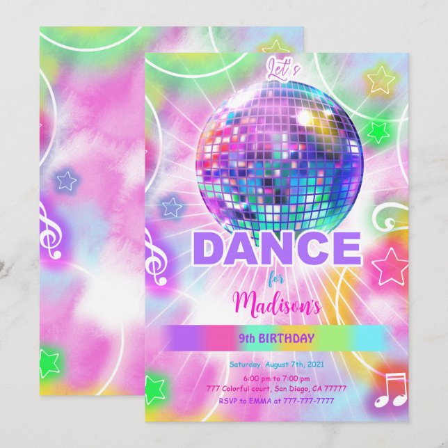 Dance Birthday Party Neon Glow  Invitation (Front/Back)