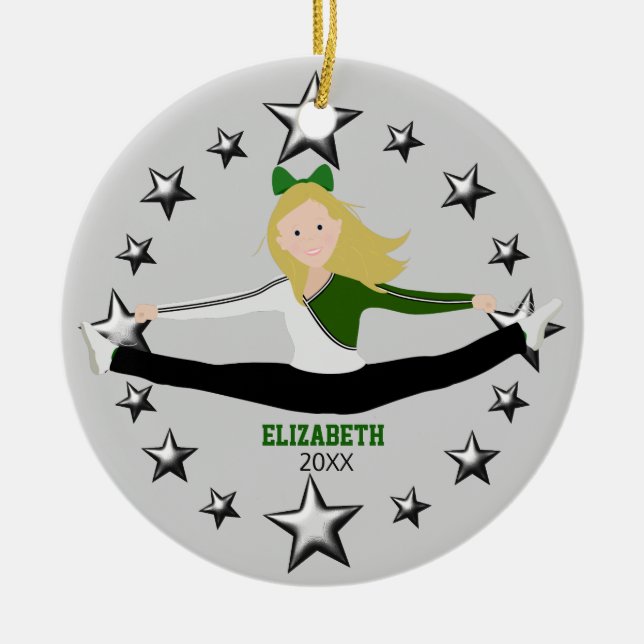 Dance Cheer Blonde Green And White Ceramic Tree Decoration (Front)