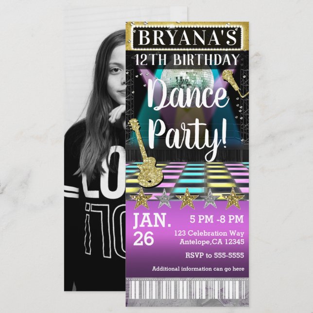 Dance Floor Disco Ball Birthday Party Photo Ticket Invitation (Front/Back)