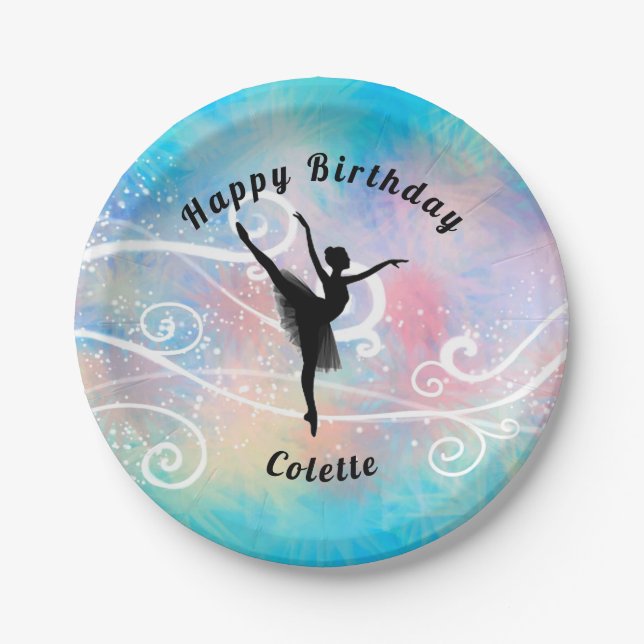 Dance Happy Birthday Ballerina Swirl Paper Plate (Front)