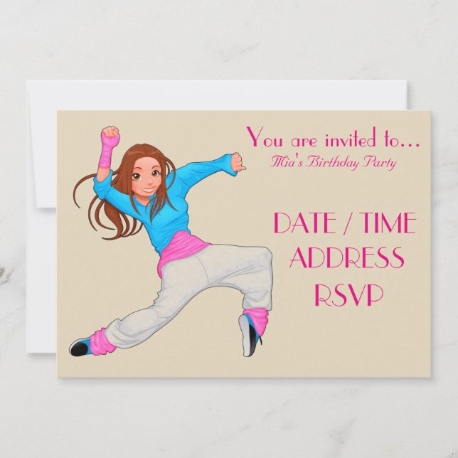 Dance hip hop girl's birthday party invitation (Front)