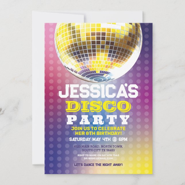 Dance Let's Party Birthday Invite Girls Disco Ball (Front)