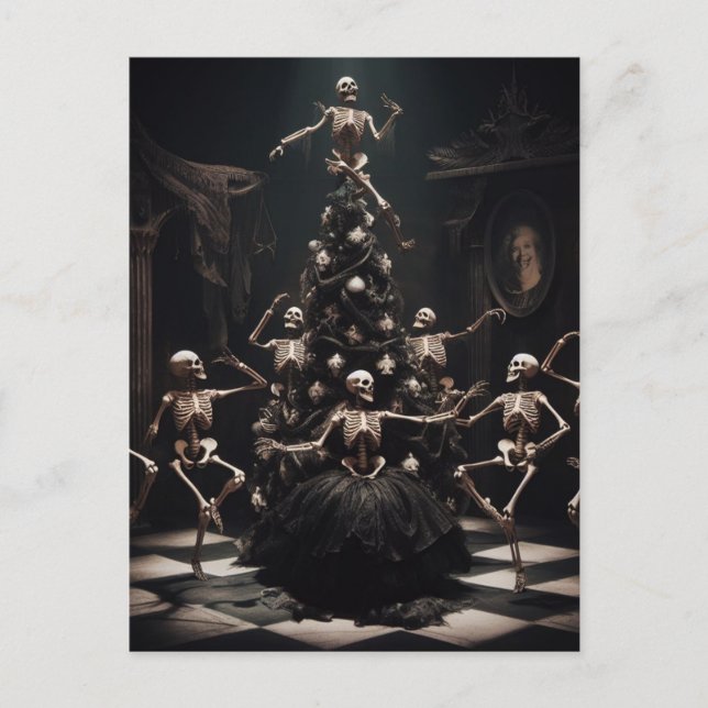 dance macabre Christmas Skeletons around the tree Postcard (Front)