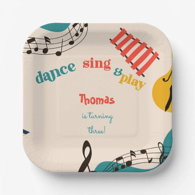 dance music and play kids birthday paper plate (Front)