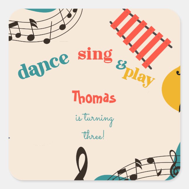 dance music and play kids birthday square sticker (Front)