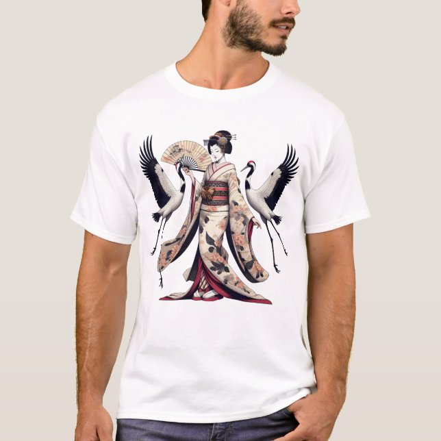 Dance of Cranes Japanese Art Vinatge Retro Geisha T-Shirt (Front)