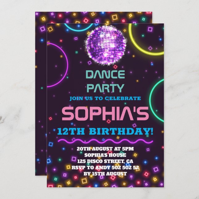 Dance Party Birthday Glow Rainbow Disco Disco Ball Invitation (Front/Back)