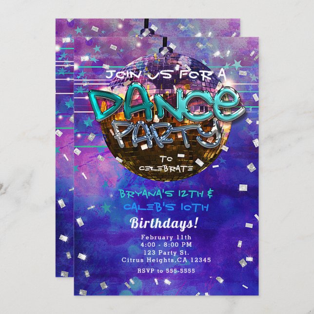 Dance Party Disco Ball Purple Cool Birthday Invitation (Front/Back)