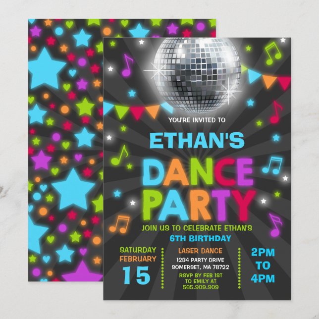 Dance Party Invitation Glow Disco Party Invite (Front/Back)