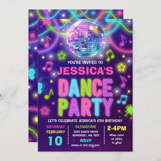Dance Party Invitation Neon Glow Dance Party (Front/Back)
