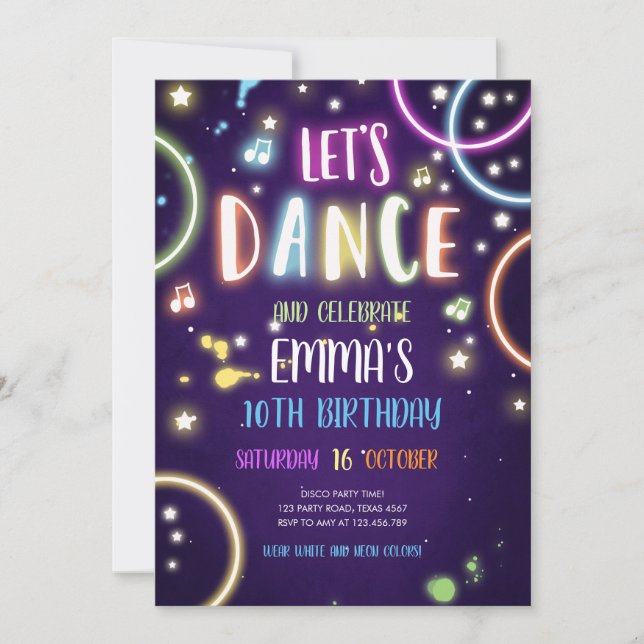 Dance Party Neon Glow Disco Birthday Invitation (Front)