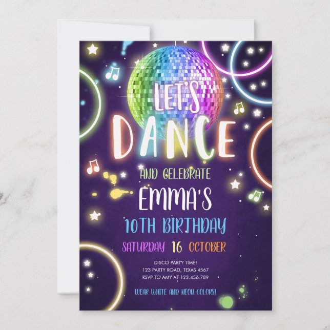 Dance Party Neon Glow Disco Birthday Invitation (Front)