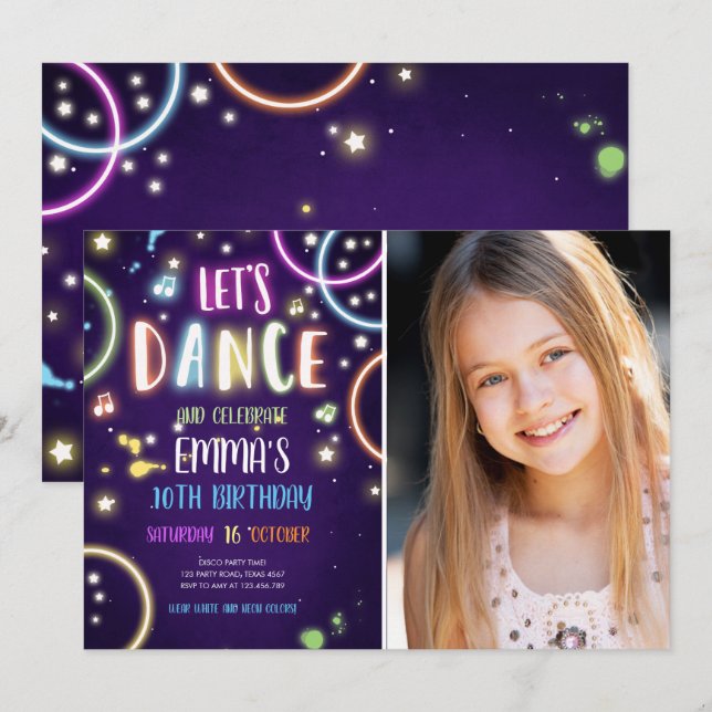 Dance Party Neon Glow Disco Birthday Invitation (Front/Back)